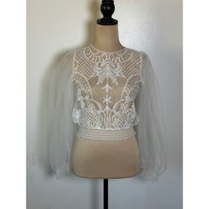 Women's White Embroidered Mesh Tulle Puff Sleeve Top Small bride Bachelorette